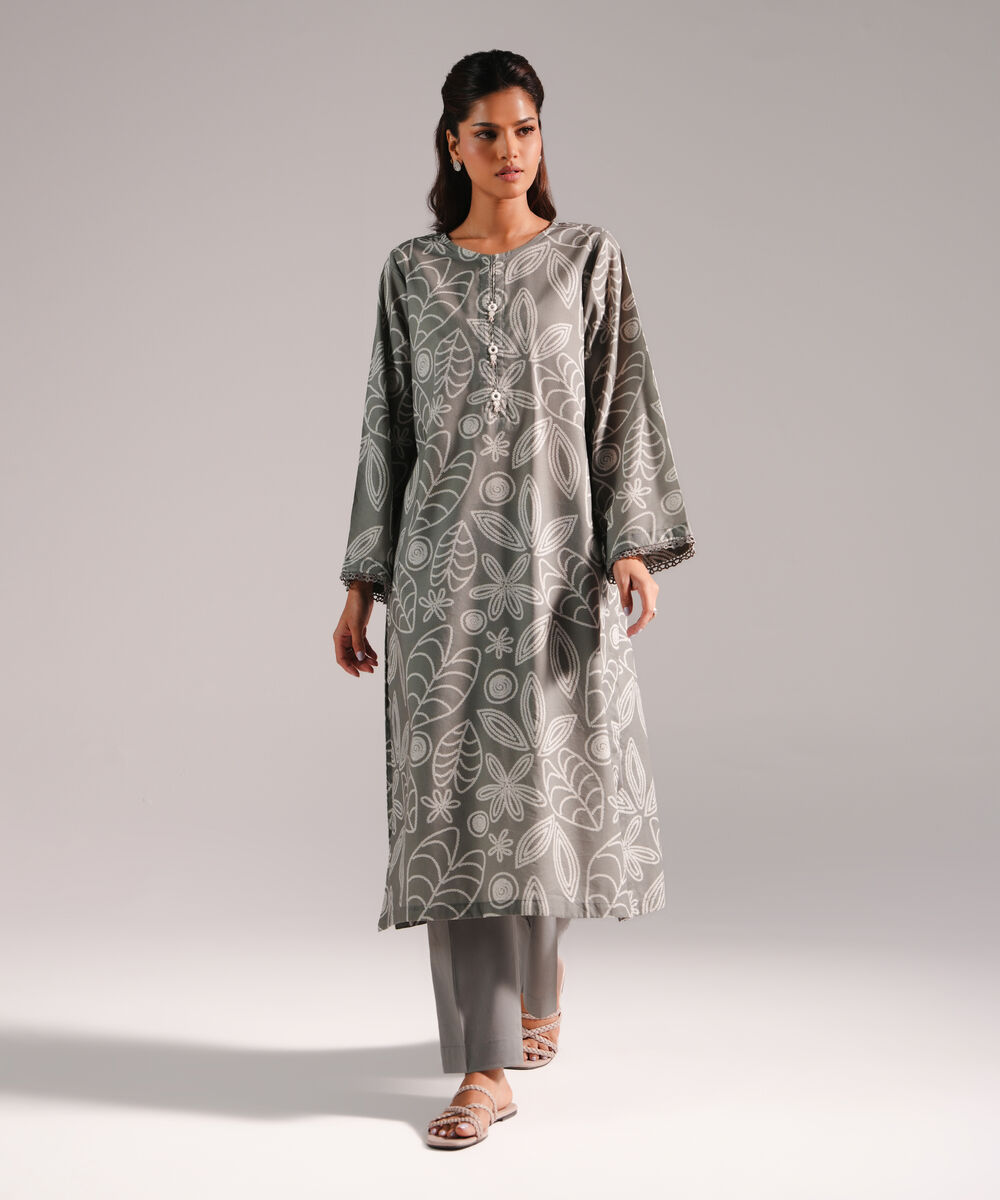 Women's RTW Cotton Viscose Printed Grey 2 Piece Suit