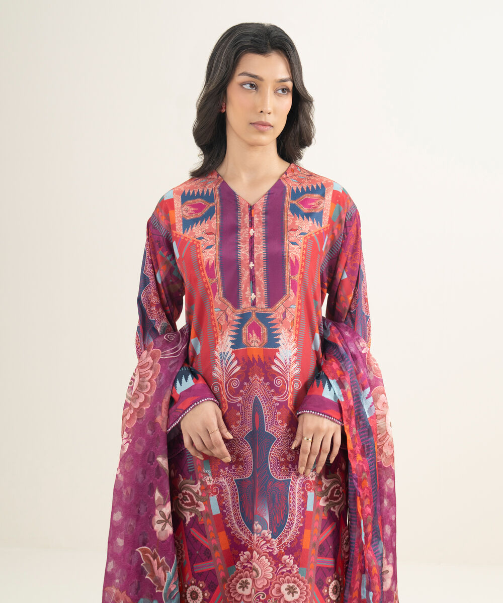 Women's RTW Blended Grip Silk Printed Purple 3 Piece Suit