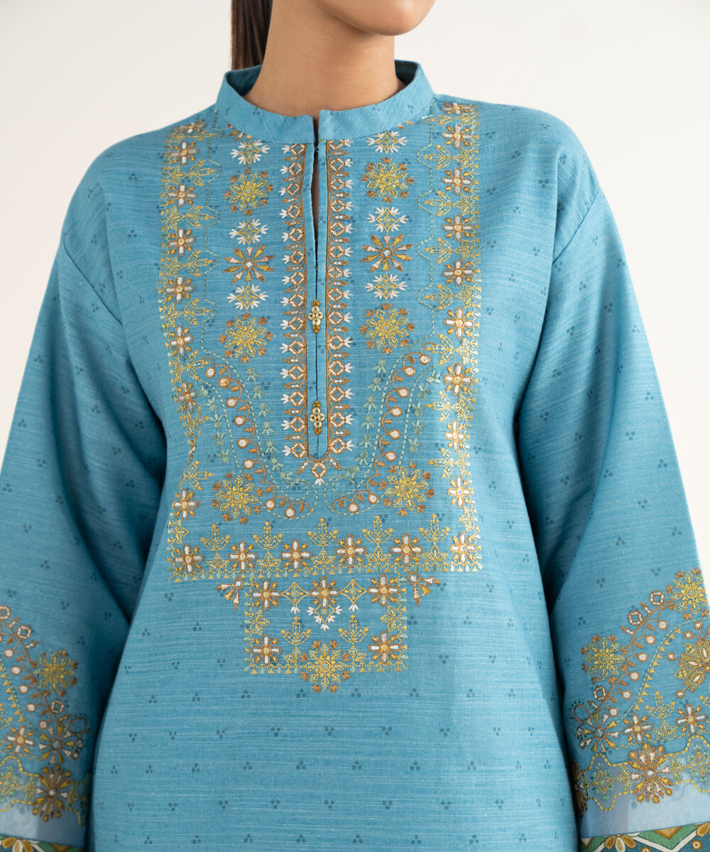 Women's Unstitched Khaddar Embroidered Blue 3 Piece Suit