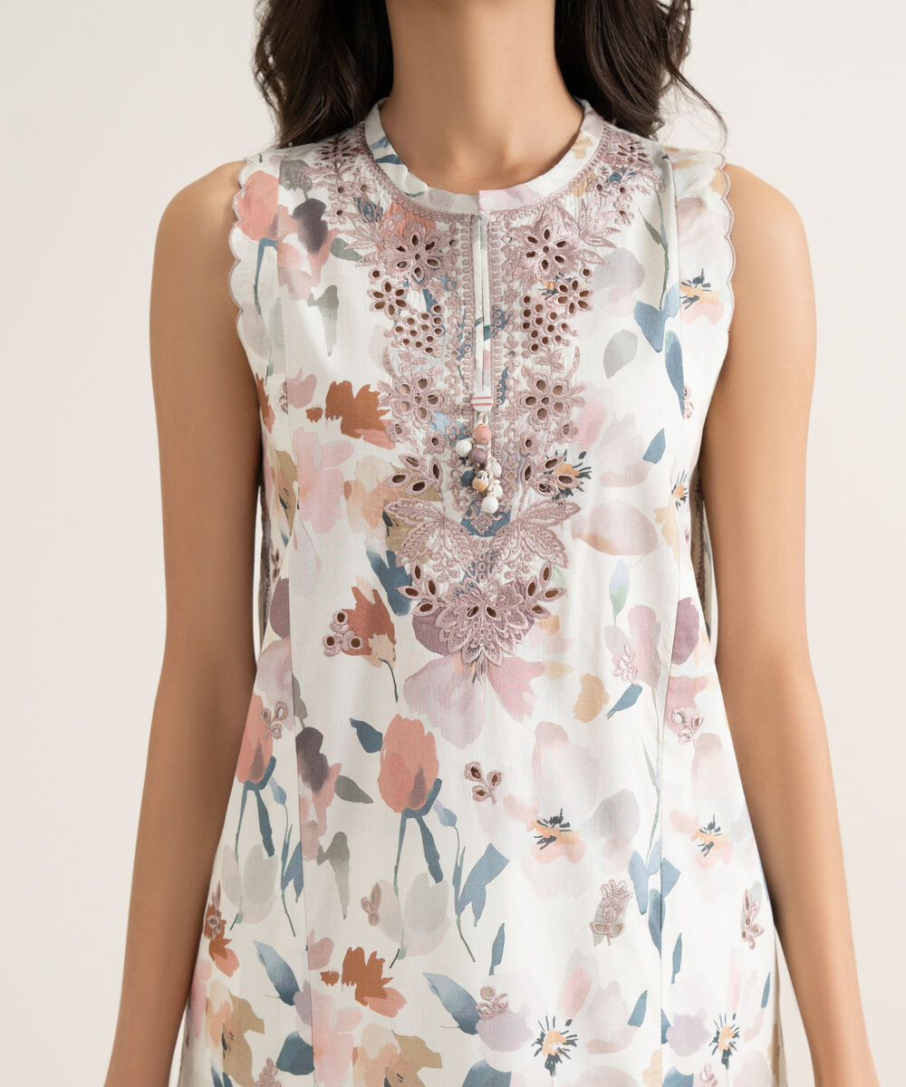 Women's Unstitched Lawn Embroidered Off White 3 Piece Suit