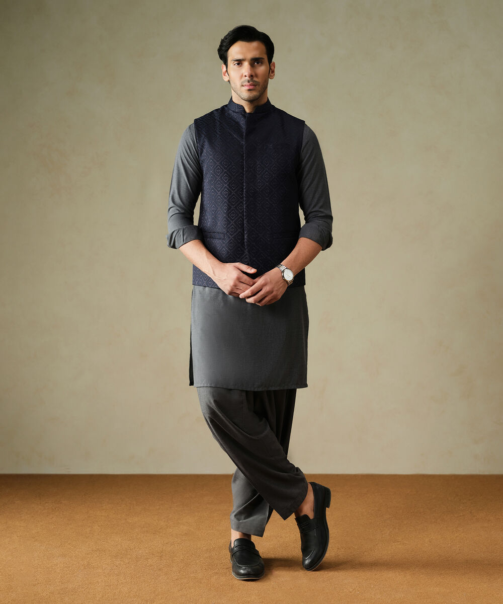 Men's Textured Wash & Wear Embroidered Blue Waist Coat