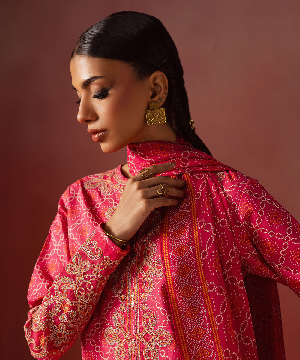 Women's Unstitched Lawn Embroidered Pink 3 Piece Suit