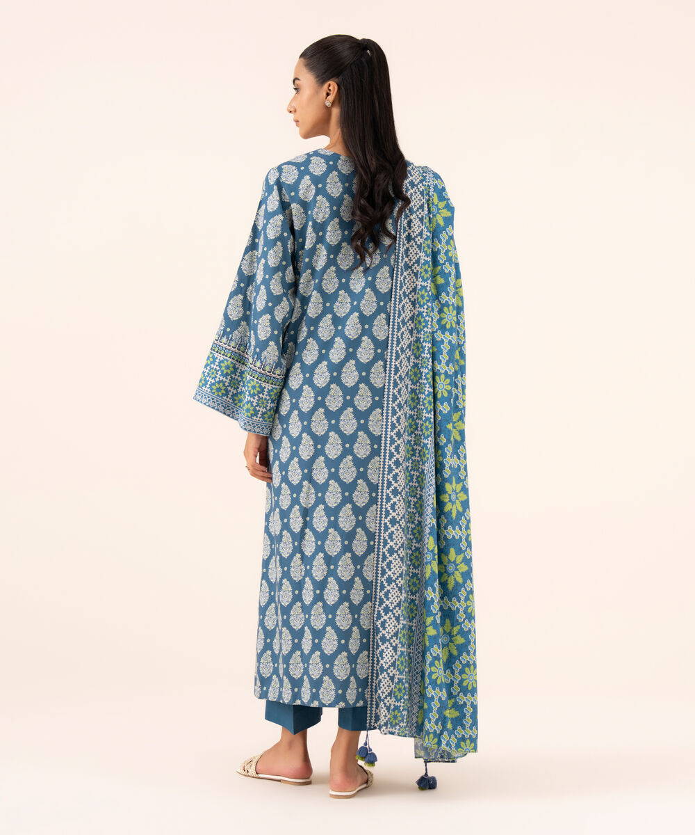 Women's Unstitched Linen Embroidered Blue 3 Piece Suit