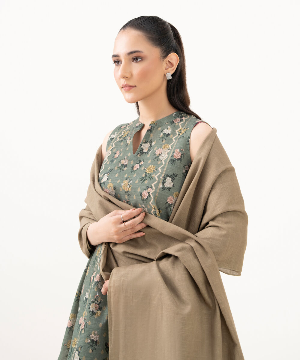 Women's Unstitched Cotton Printed Green 3 Piece Suit