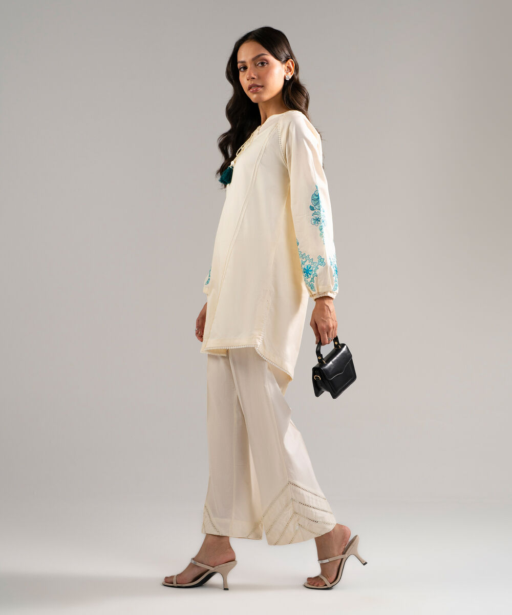 Women's RTW Dobby Embroidered Off White Straight Shirt