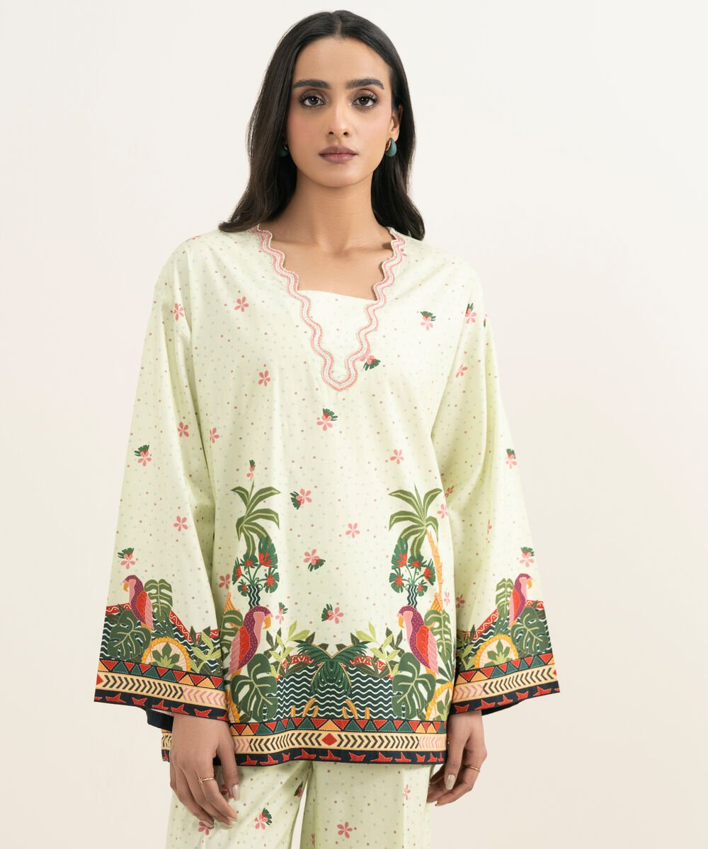 Women's RTW Cambric Embroidered Green Boxy Shirt