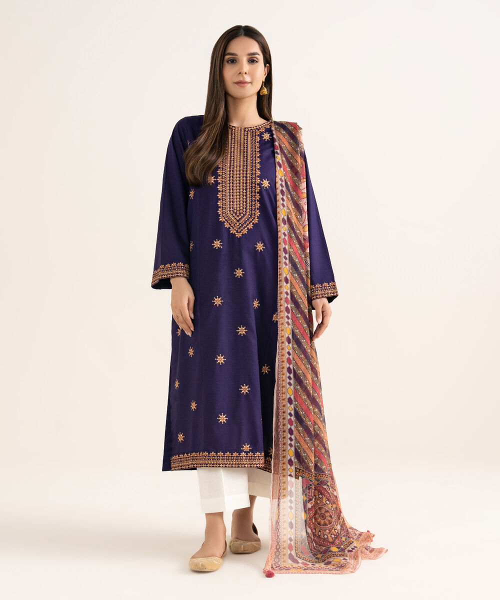 Women's RTW Textured Cotton Purple Embroidered A-Line Shirt