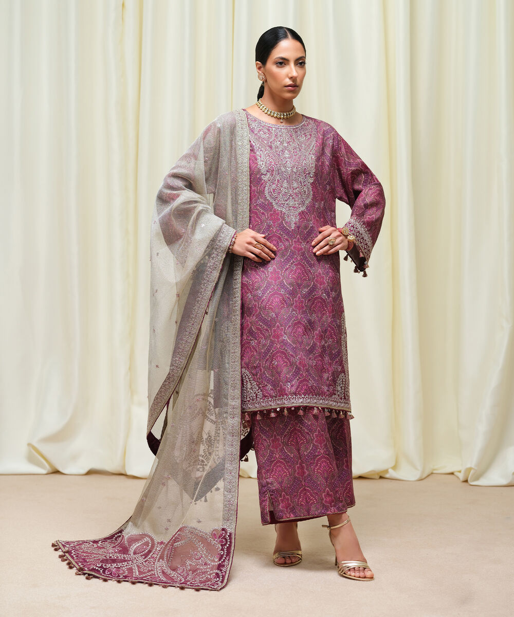 Women's Unstitched Viscose Raw Silk Printed Three Piece Suit