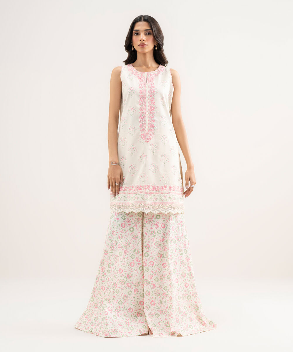 Women's Unstitched Lawn Embroidered Off White 2 Piece Suit