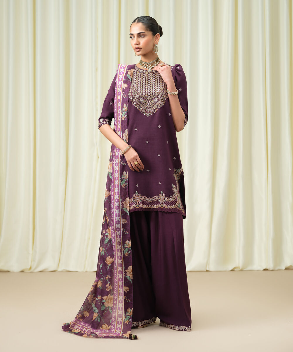 Women's Unstitched Viscose Raw Silk Embroidered Purple 3 Piece Suit