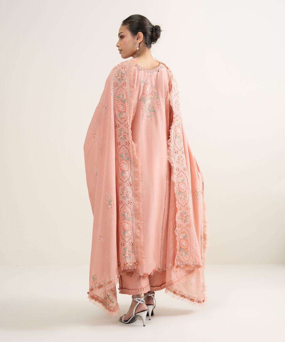 Women's Unstitched Slub Lawn Embroidered Coral Peach 3 Piece Suit