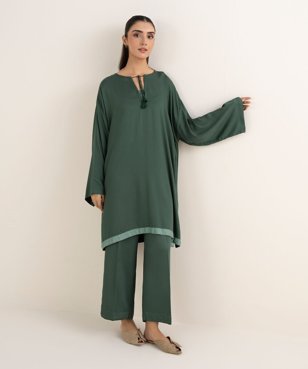 Women's RTW Bedford Solid Green Drop Shoulder Shirt