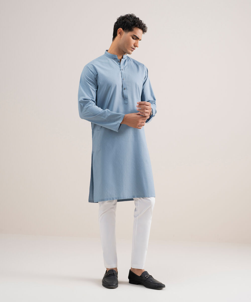 Men's Stitched Cotton Jacquard Blue Grey Kurta