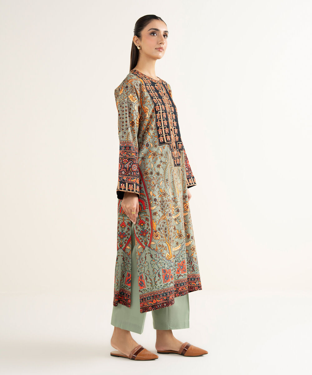 Women's RTW Linen Viscose Embroidered Green Drop Shoulder Shirt