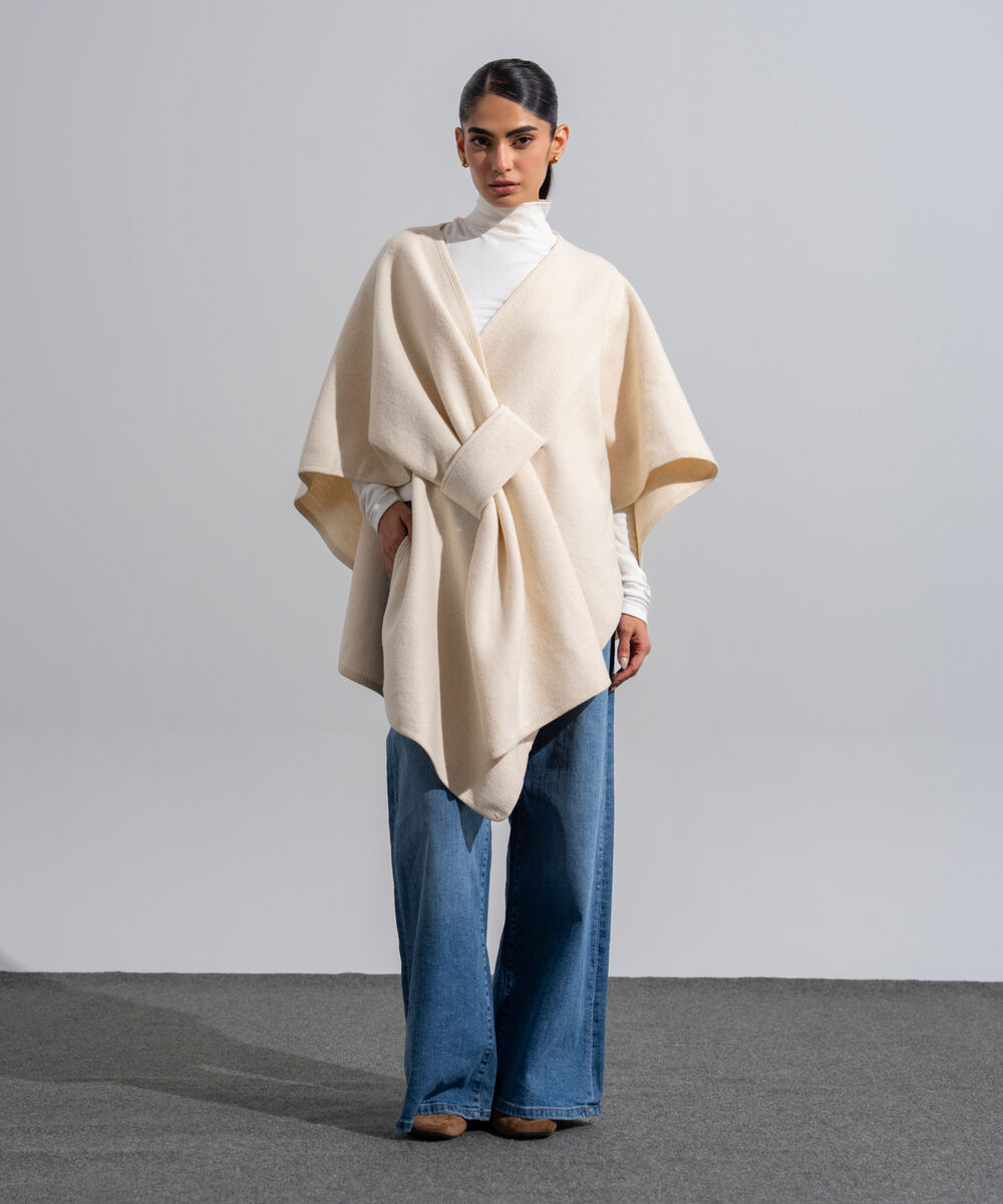 Women's Western Wear Off White Polyester Cape Shawl