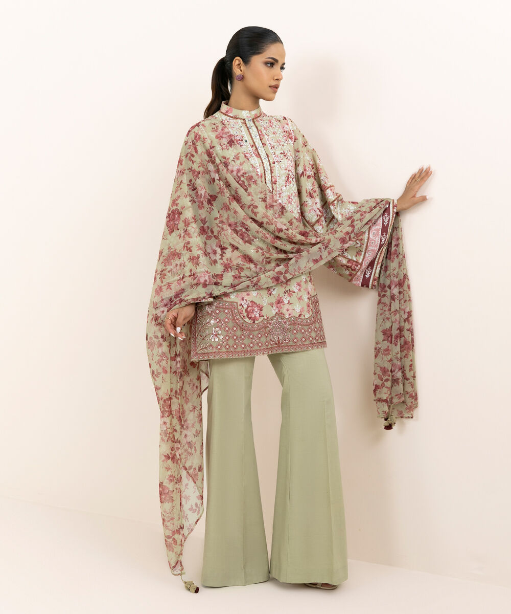Women's Unstitched Cotton Viscose Embroidered Beige 3 Piece Suit