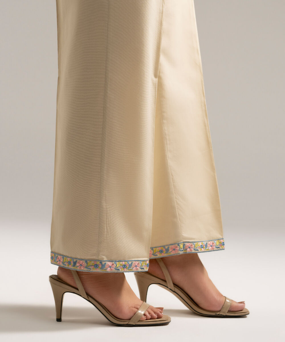 Women's RTW Cambric Embroidered Beige Straight Pants