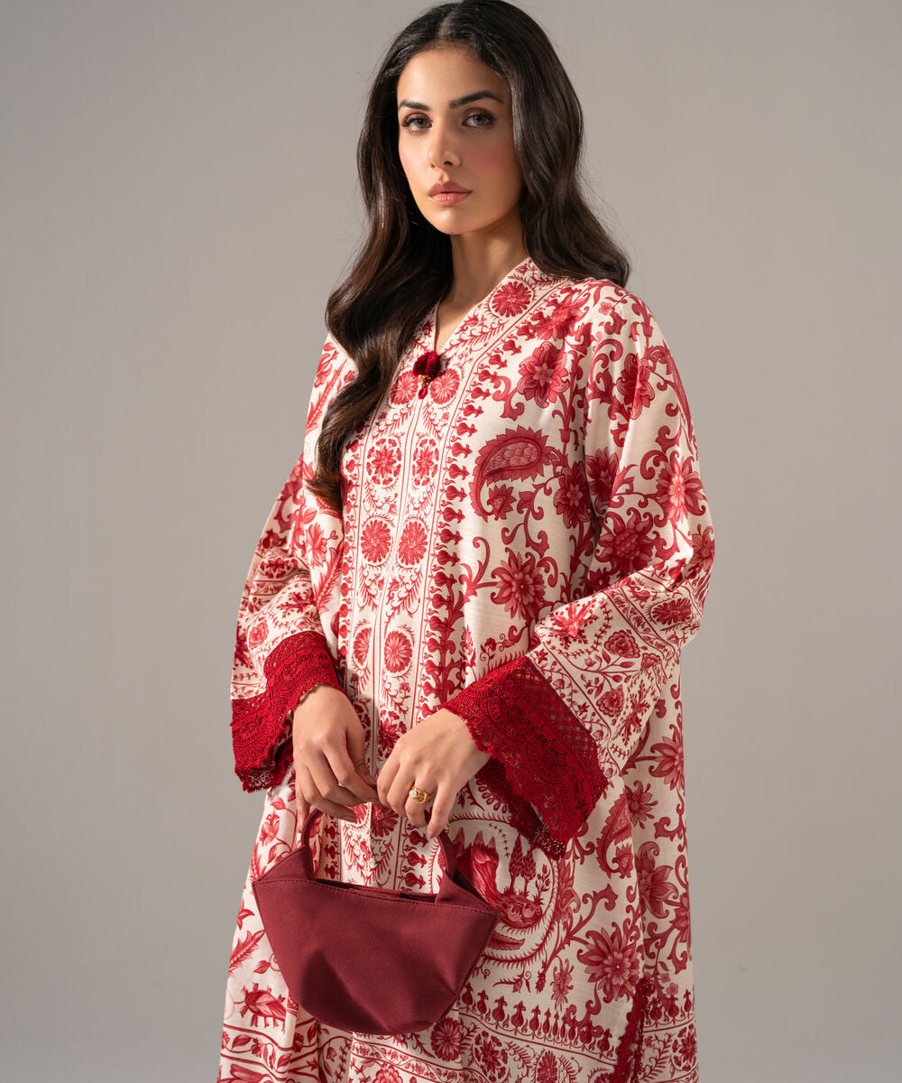 Women's RTW Khaddar Printed Off White 3 Piece Suit