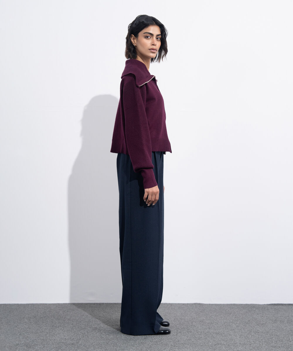 Women's Western Wear Maroon Zip-Up Knit Sweater