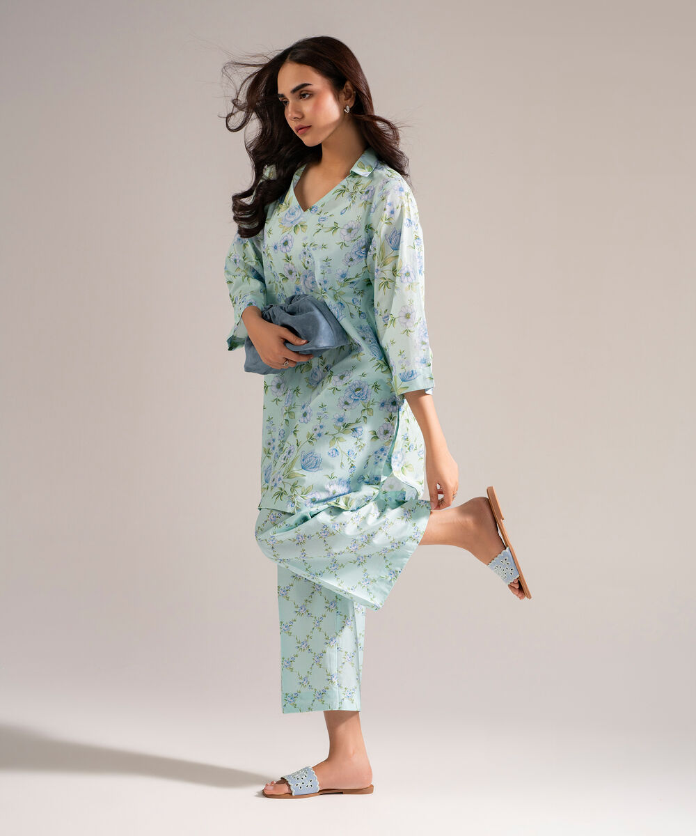 Women's RTW Lawn Printed Blue Straight Shirt