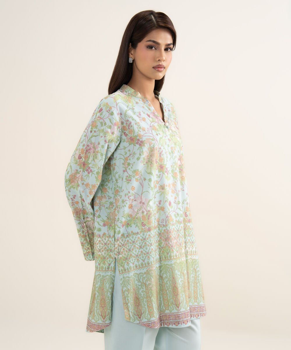 Women's RTW Cotton Viscose Printed Blue Straight Shirt