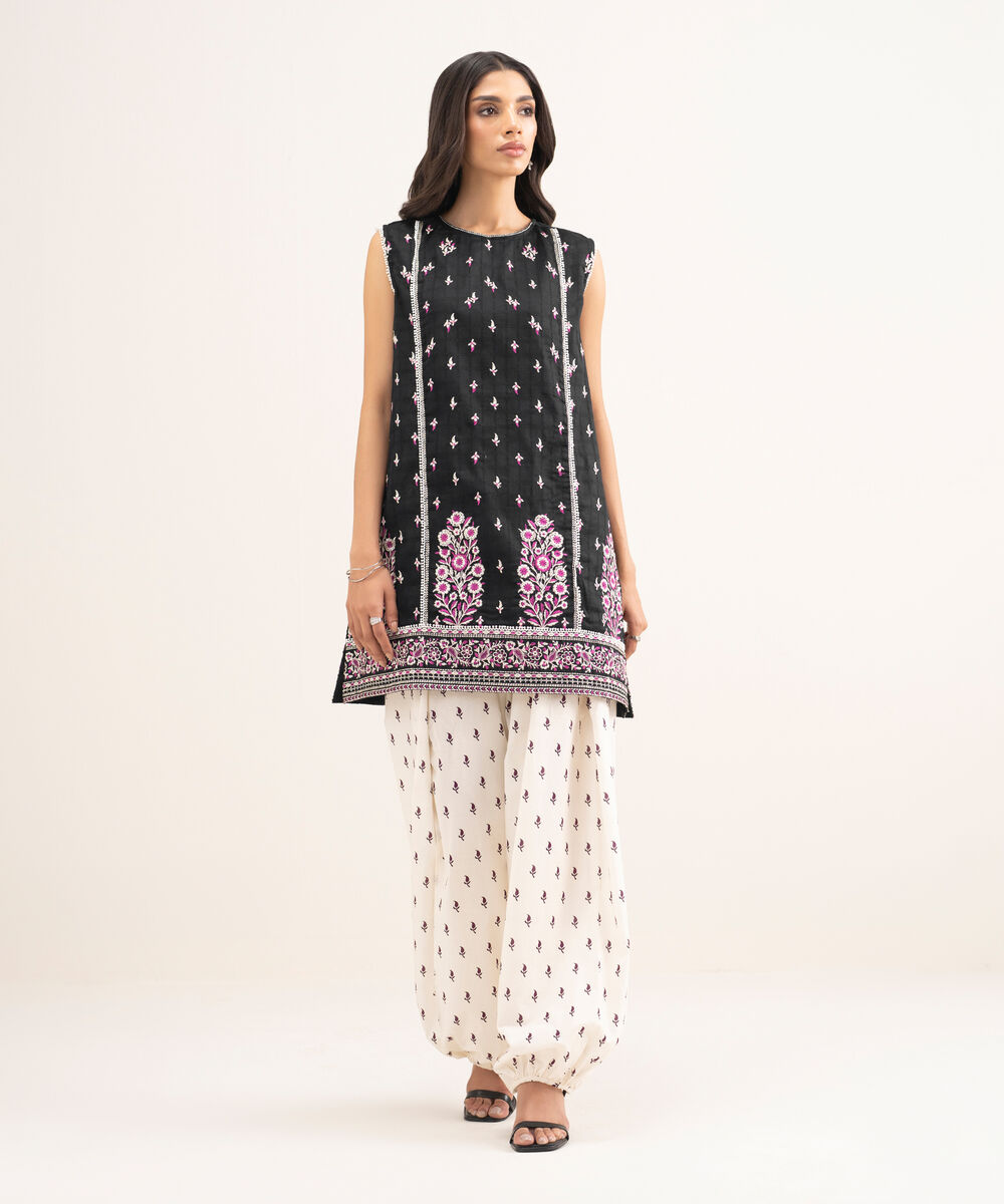 Women's RTW Lawn Embroidered Black Straight Shirt