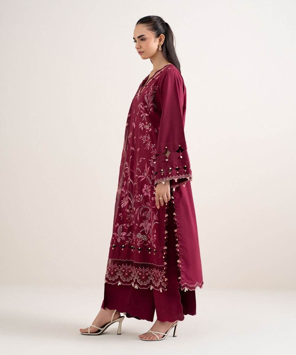 Women's Unstitched Textured Lawn Embroidered Red 3 Piece Suit