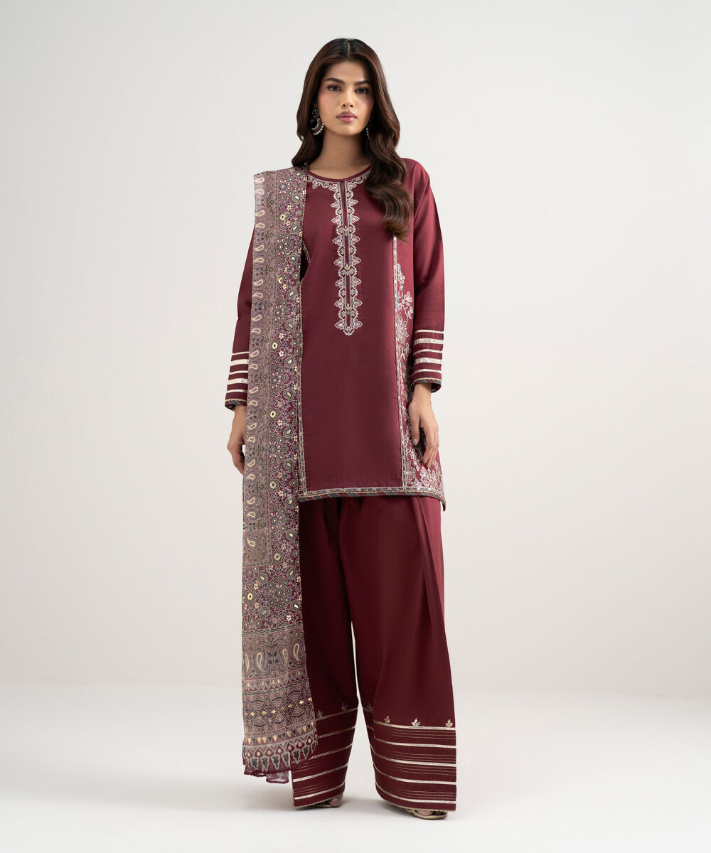 Women's Unstitched Lawn Embroidered Red 3 Piece Suit