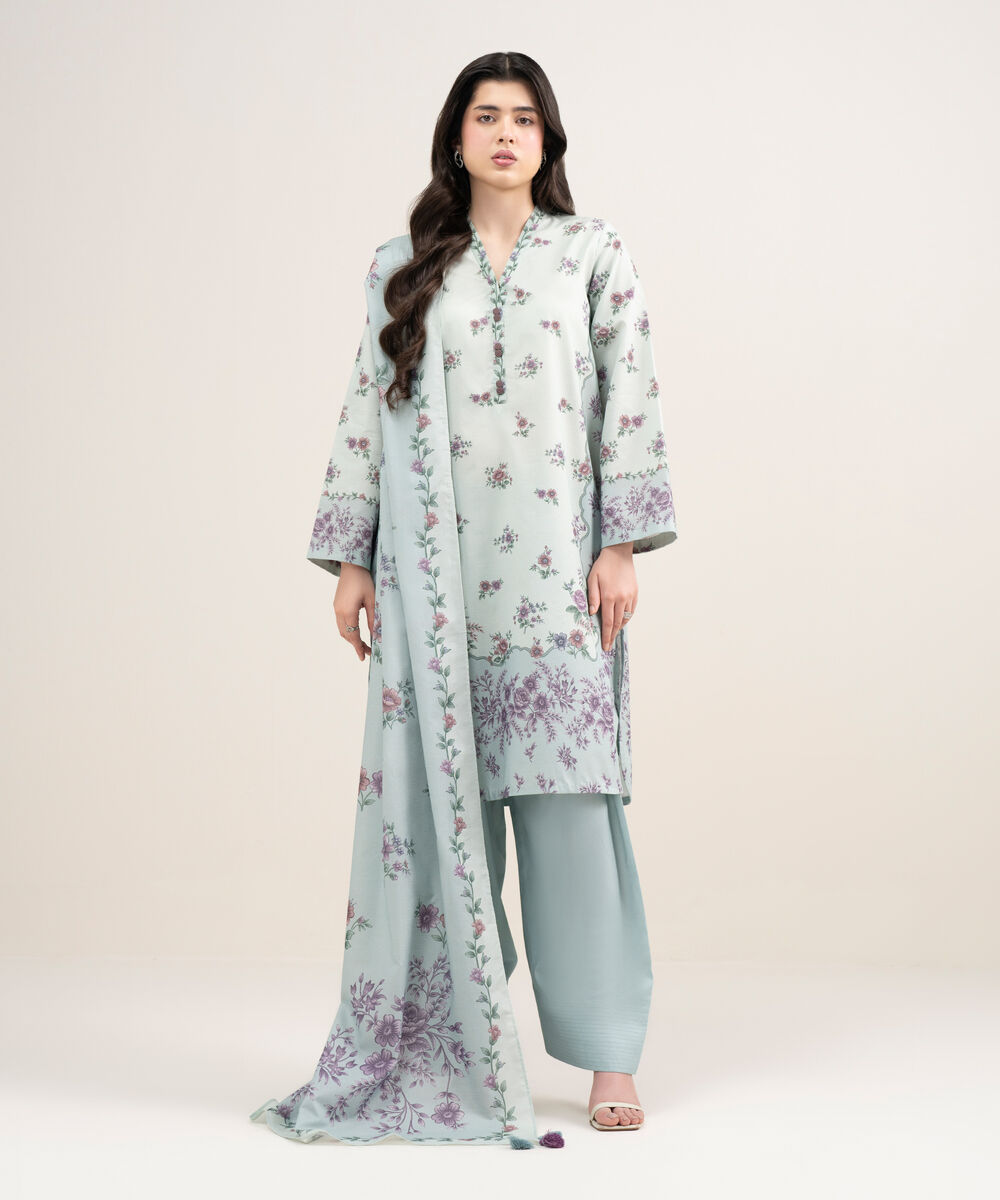 Women's Unstitched Zari Lawn Printed Blue 3 Piece Suit