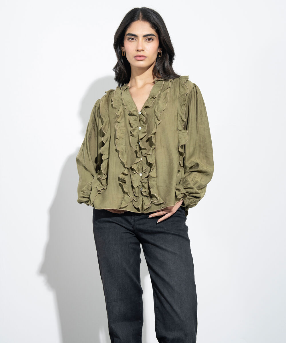 Women's Western Mustard Textured Ruffled Top