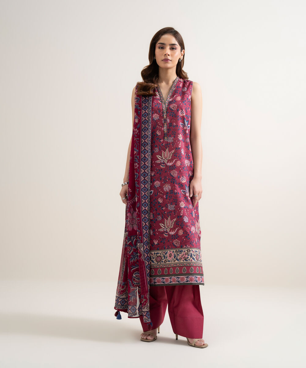 Women's Unstitched Lawn Printed Maroon 3 Piece Suit