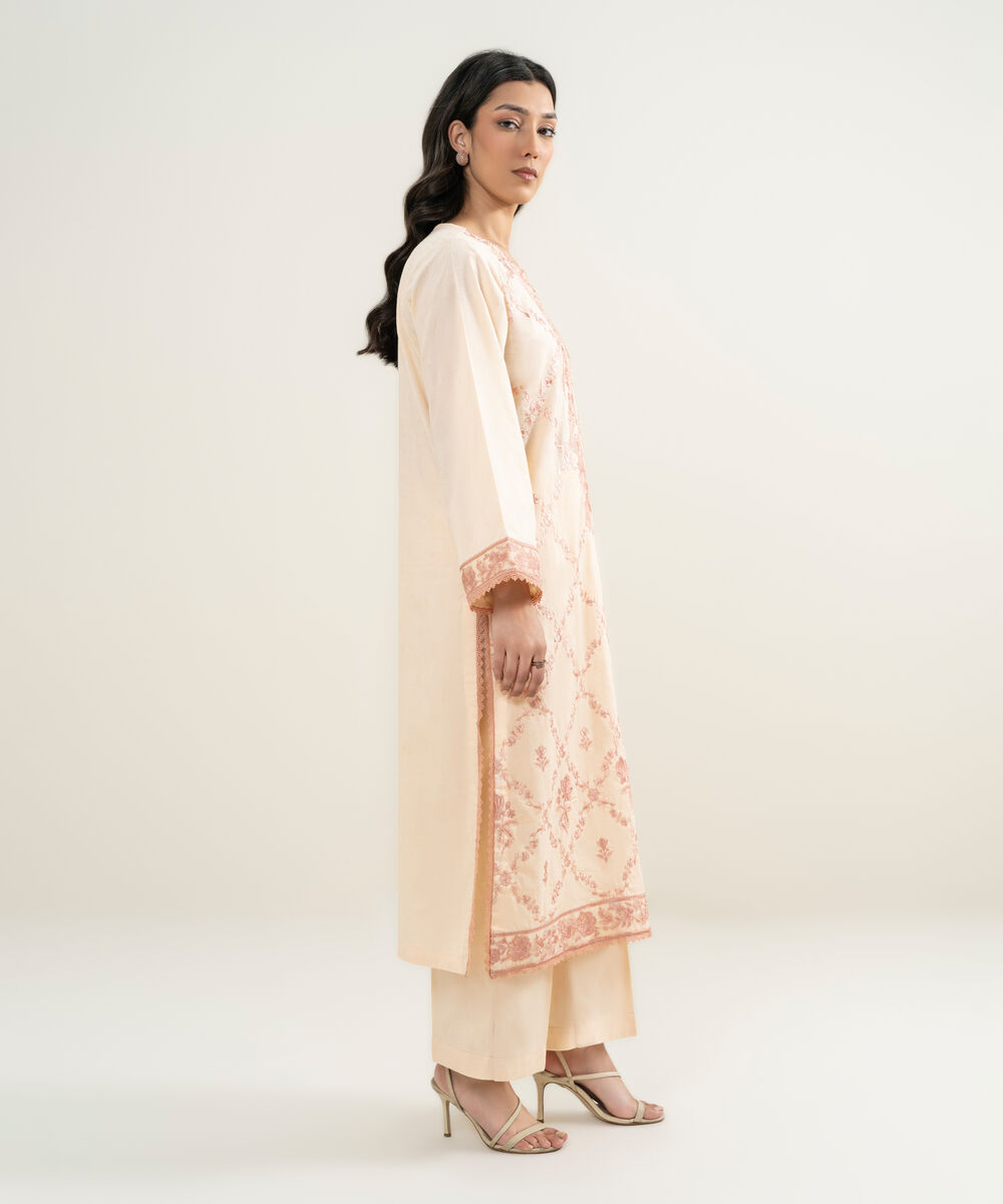 Women's RTW Self Jacquard Embroidered Peach A-Line Shirt