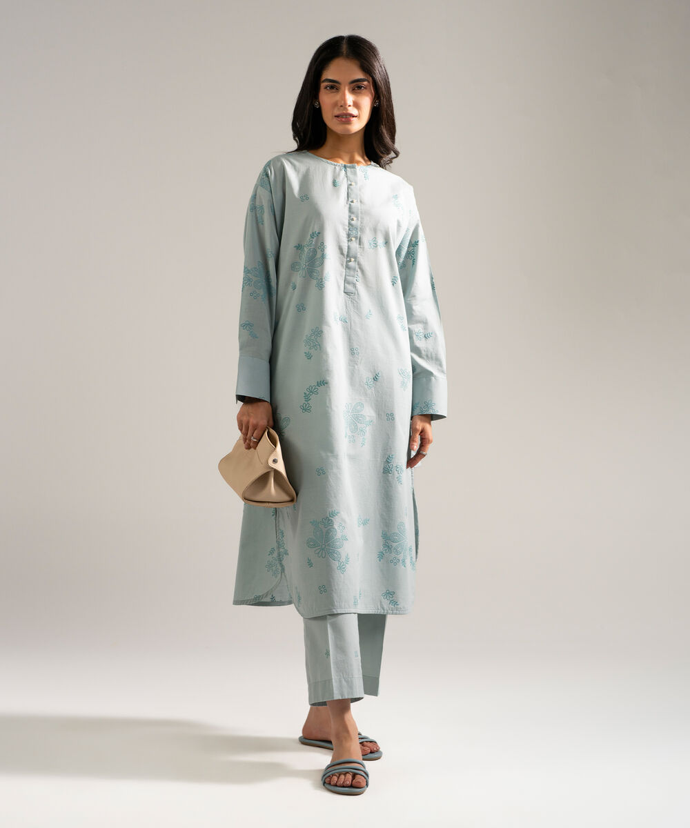 Women's RTW Slub Lawn Printed Blue 2 Piece Suit