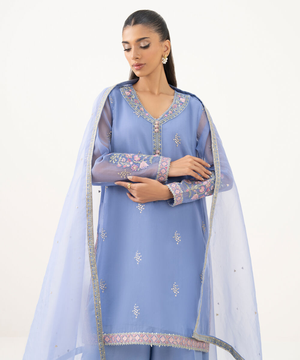 Women's RTW Blended Organza Embroidered Blue Three Piece Suit