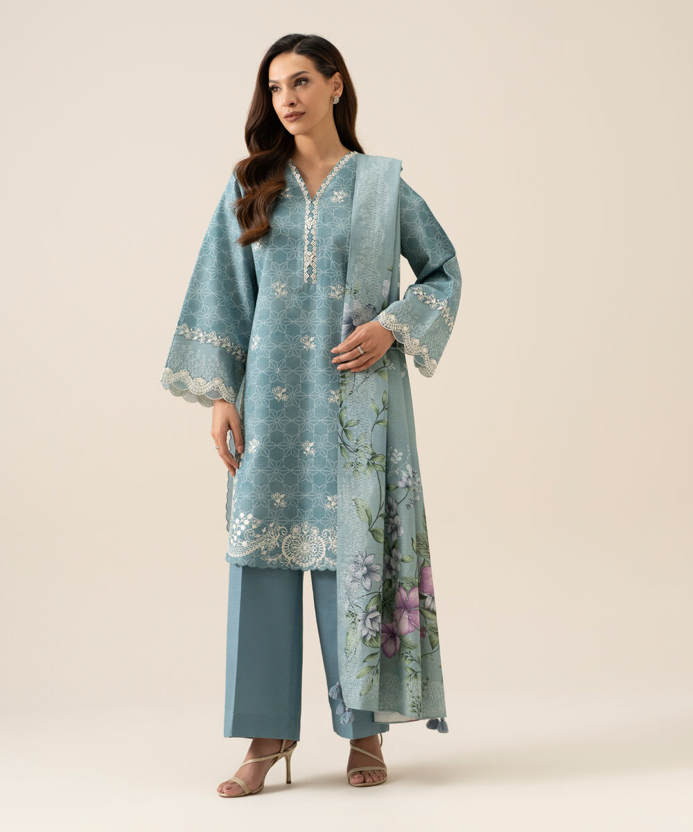Women's Unstitched Light Khaddar Embroidered Light Blue 3 Piece Suit