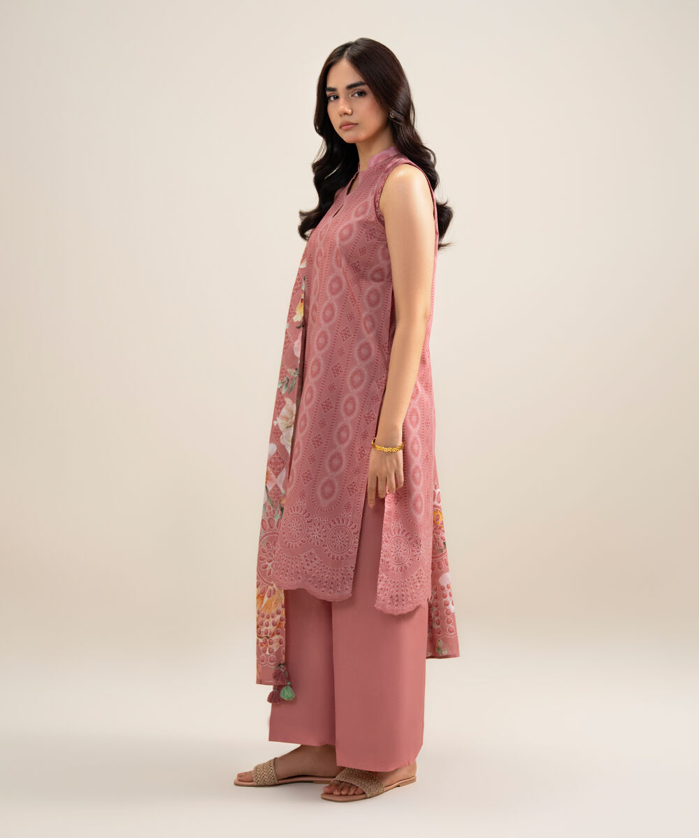 Women's Unstitched Lawn Printed Peach 3 Piece Suit
