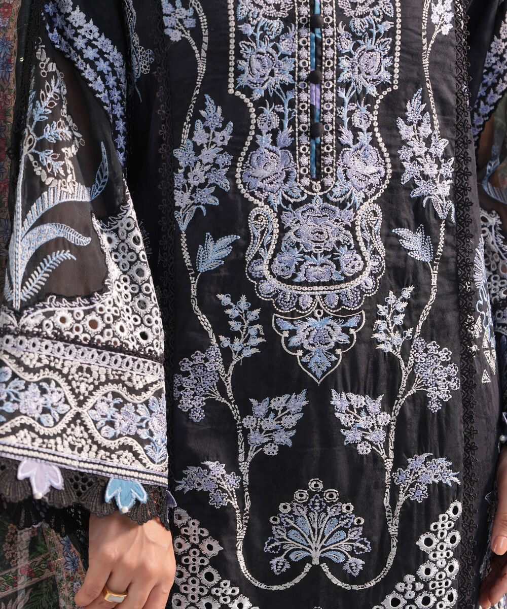 Women's RTW Self Jacquard Embroidered Black 3 Piece Suit