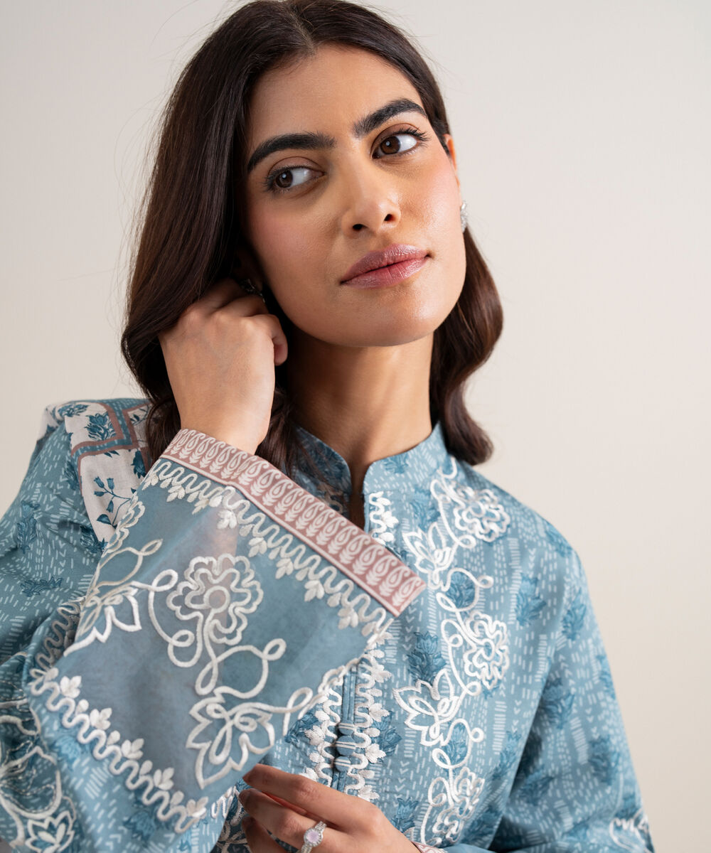 Women's Unstitched Lawn Embroidered Ice Blue 3 Piece Suit