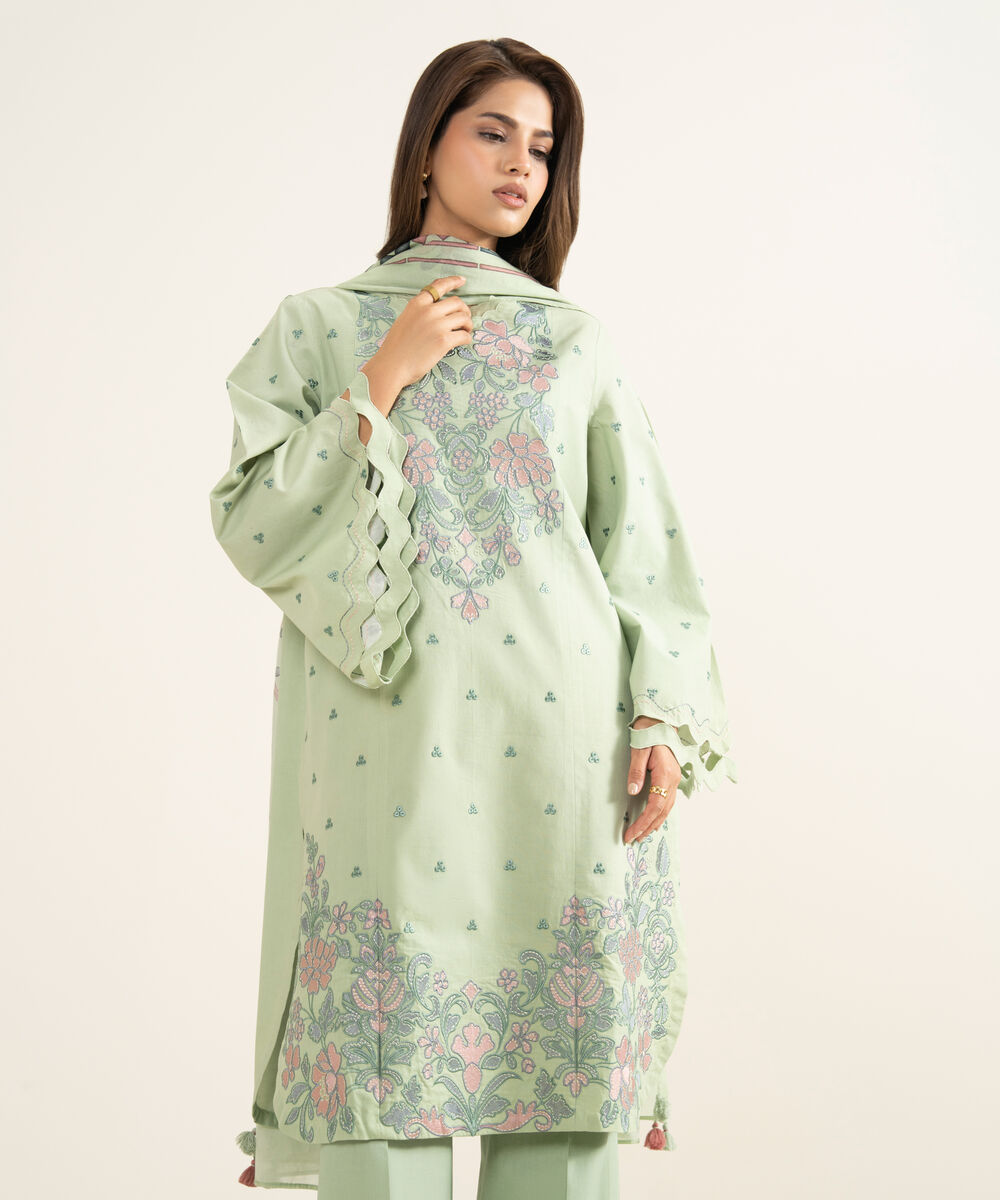 Women's Unstitched Textured Lawn Embroidered Green 3 Piece Suit