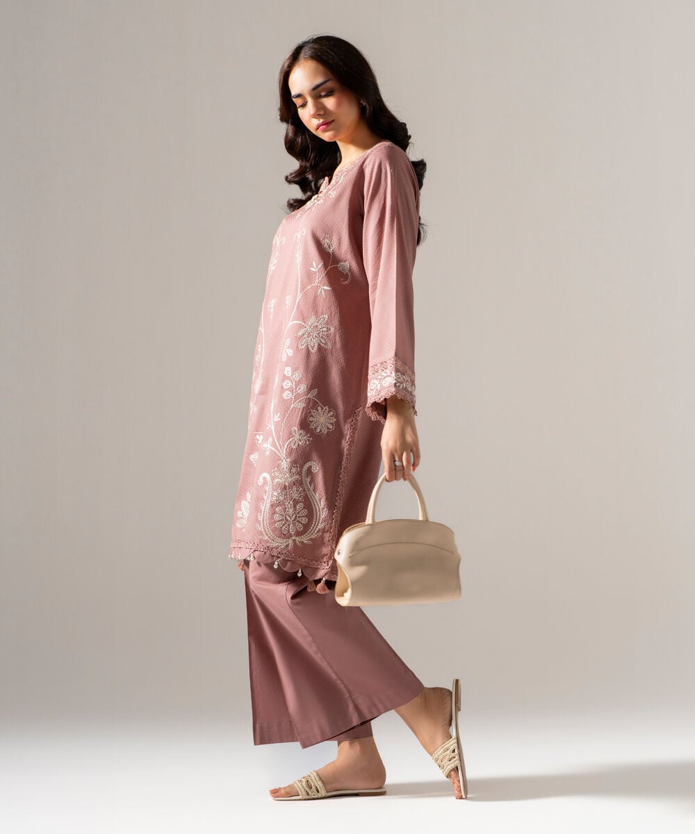 Women's RTW Dobby Solid Embroidered Muted Pink Straight Shirt