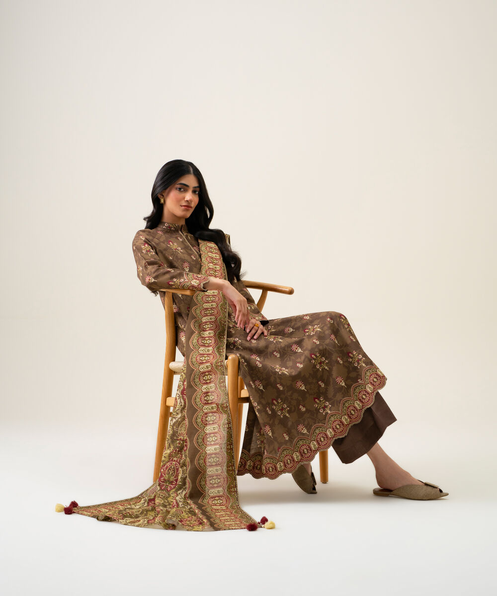 Womens Unstitched Light Khaddar Printed Brown 3 Piece Suit