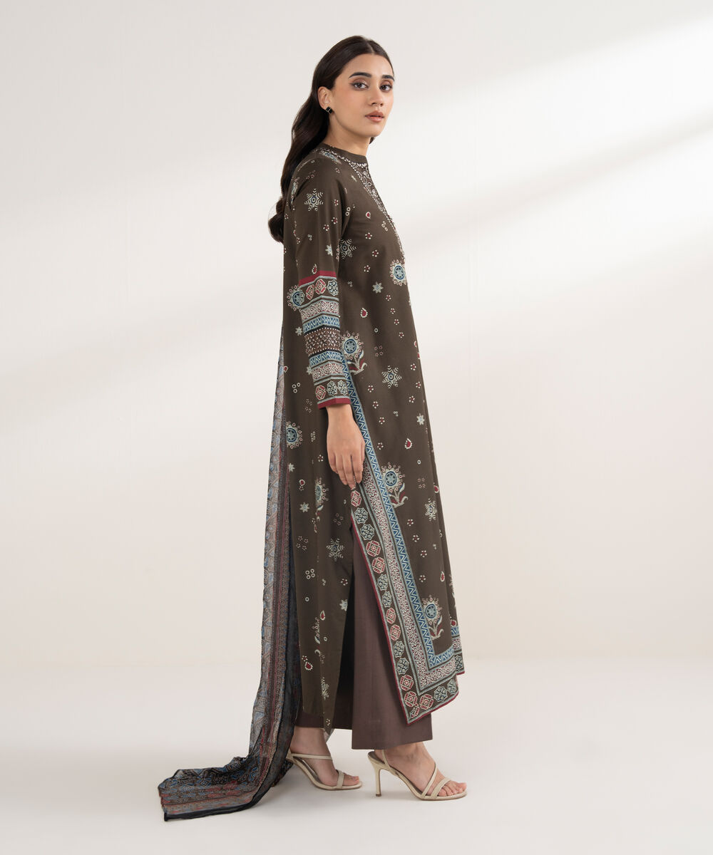 Women's Unstitched Light Linen Printed Brown 3 Piece Suit