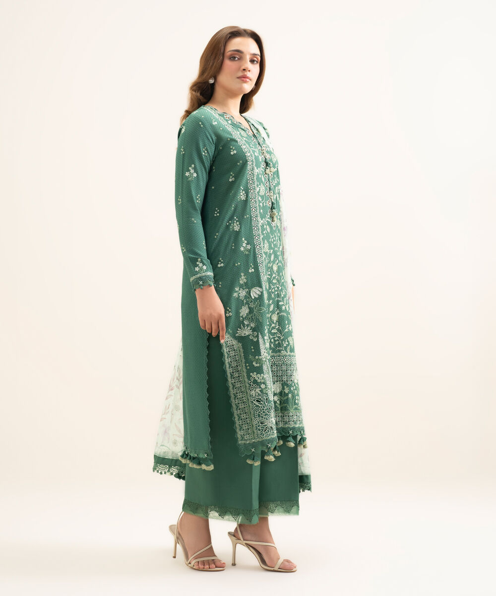 Women's Unstitched Dobby Embroidered Green 3 Piece Suit