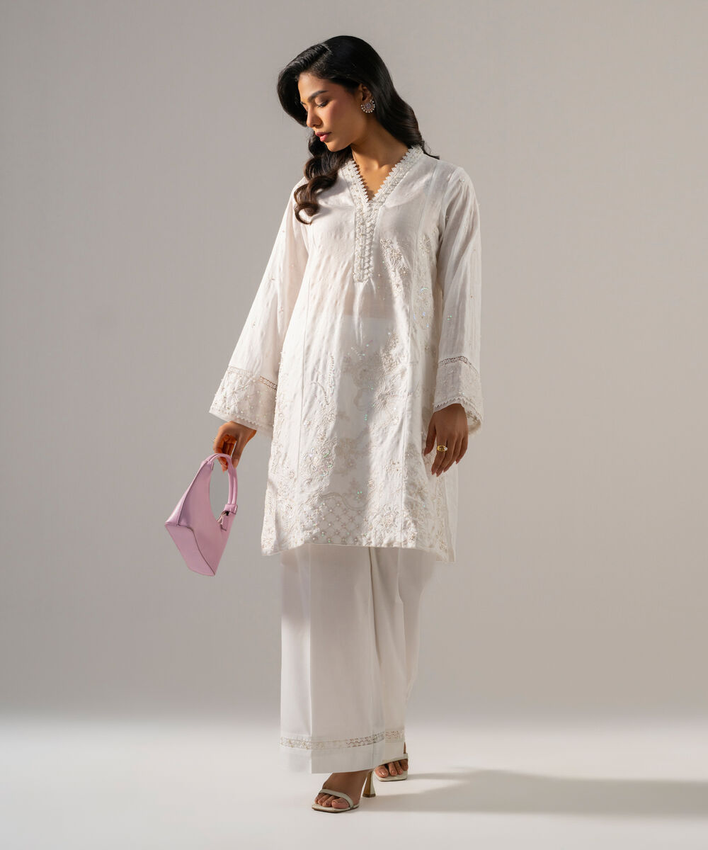 Women's RTW Self Jacquard Solid Embroidered Off White 2 Piece Suit