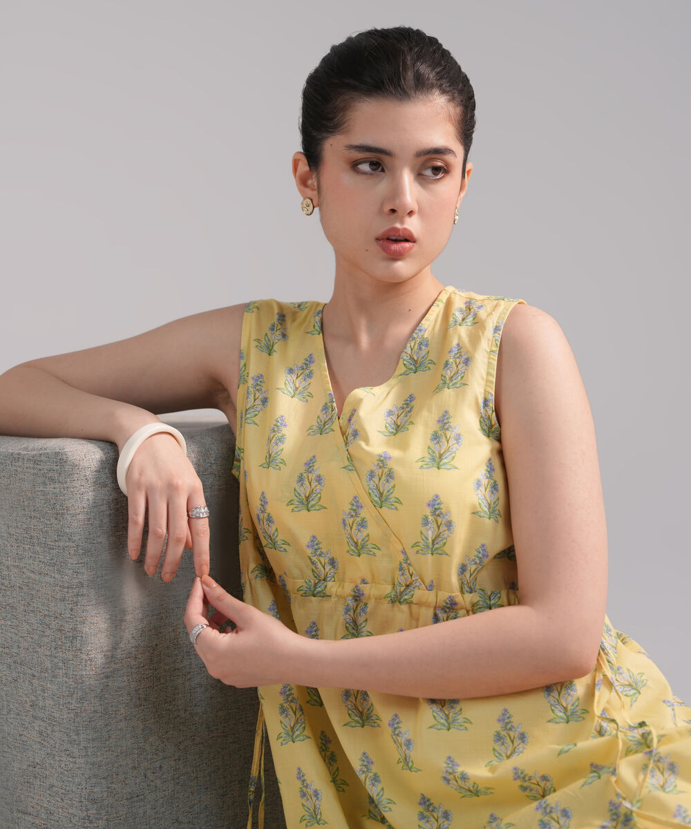 Women's RTW Slub Lawn Printed Yellow Dress Shirt