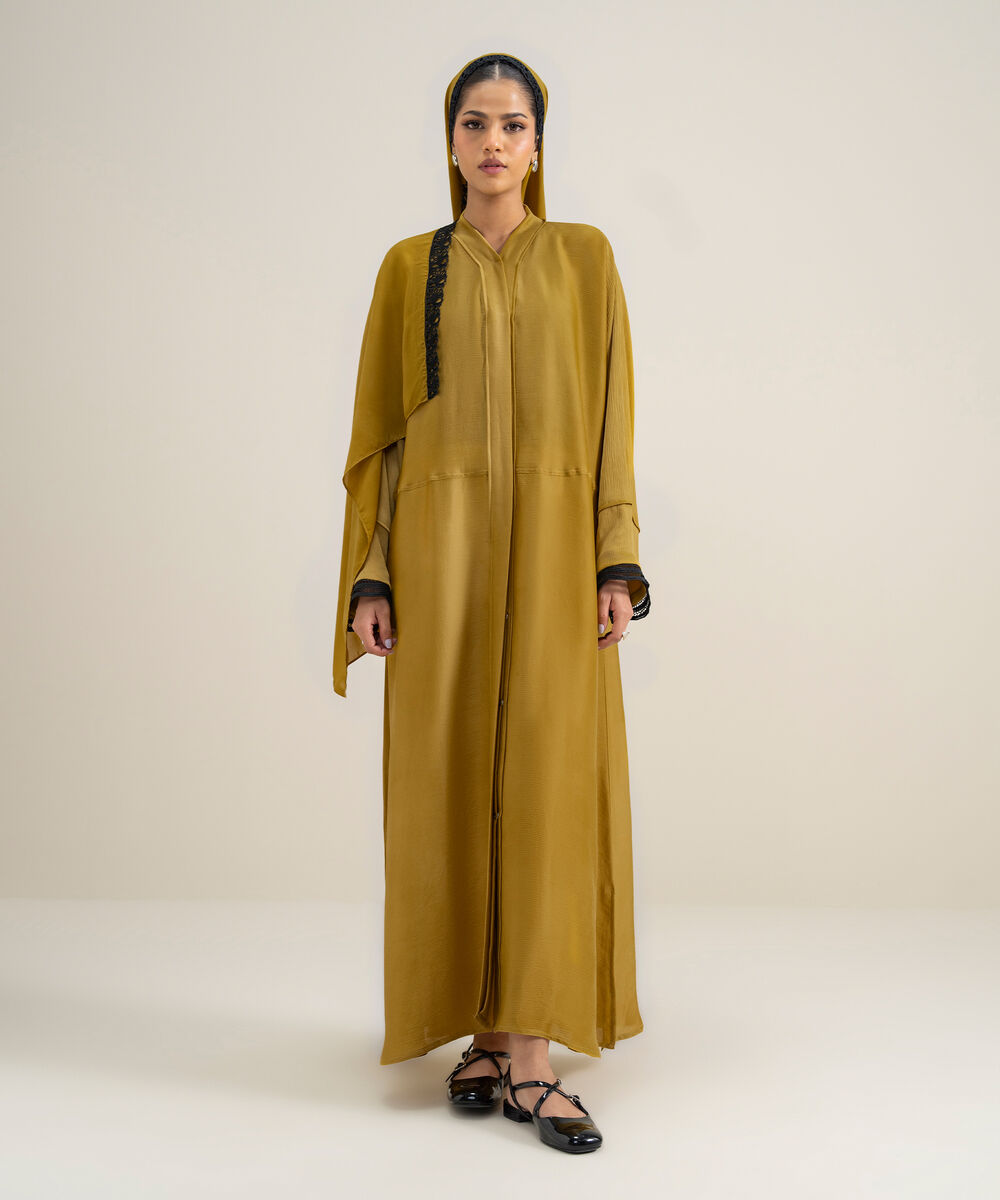 Women's Polyester Yellow Kimono Abbaya Set