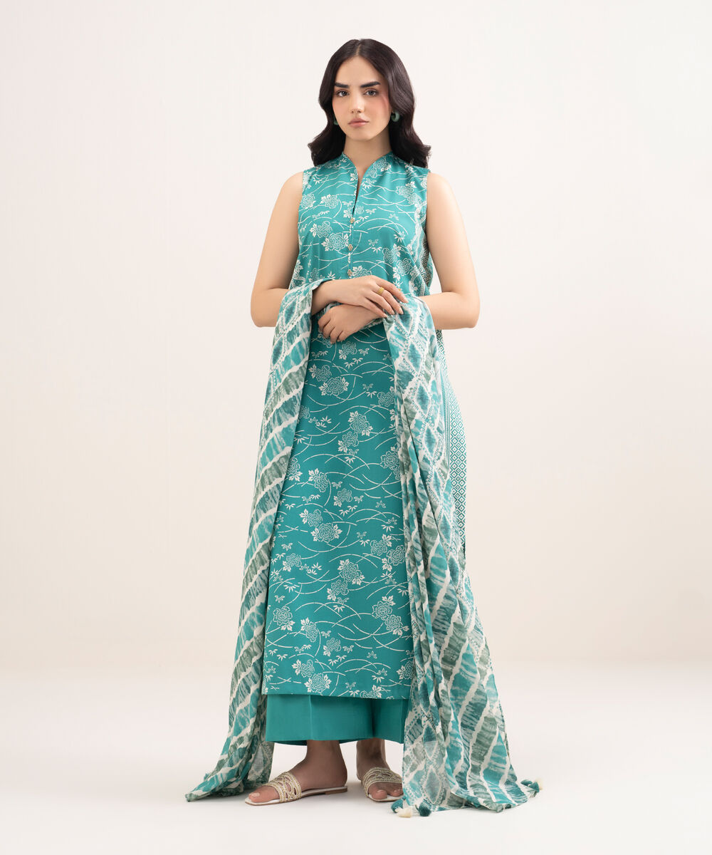 Women's Unstitched Lawn Printed Blue 3 Piece Suit