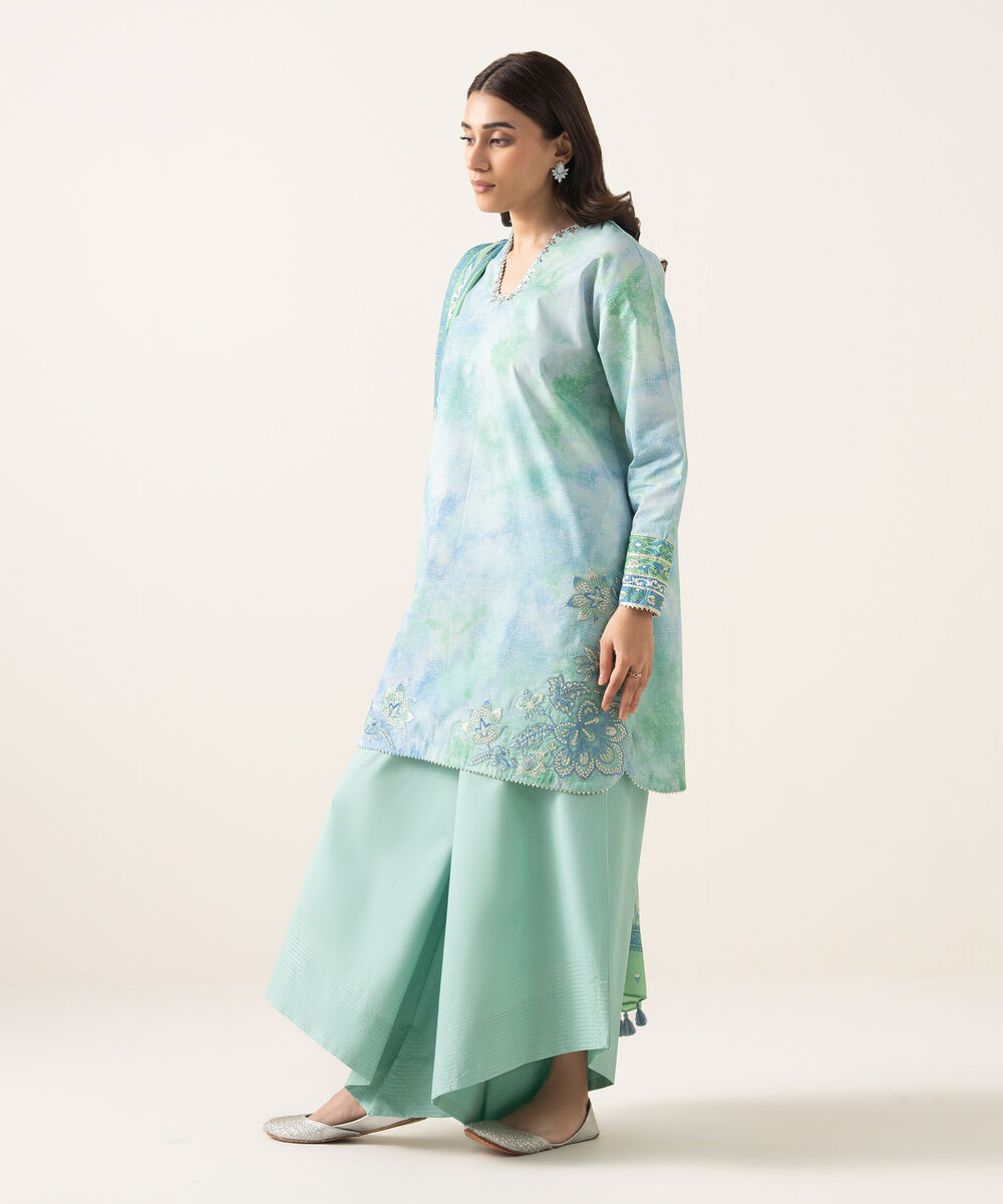 Women's Unstitched Textured Lawn Embroidered Blue 3 Piece Suit