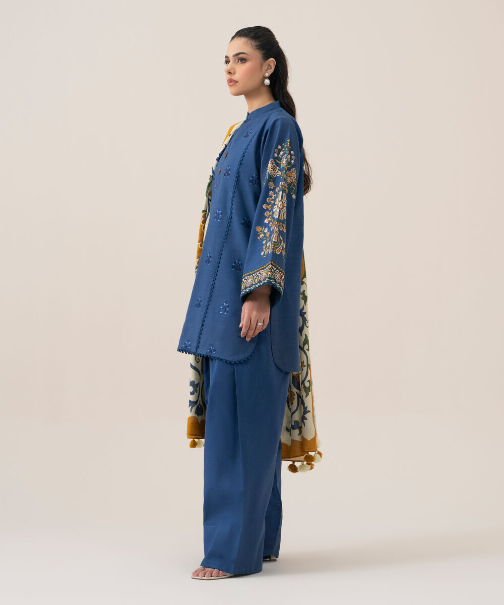 Women's Unstitched Cotton Embroidered Blue 3 Piece Suit