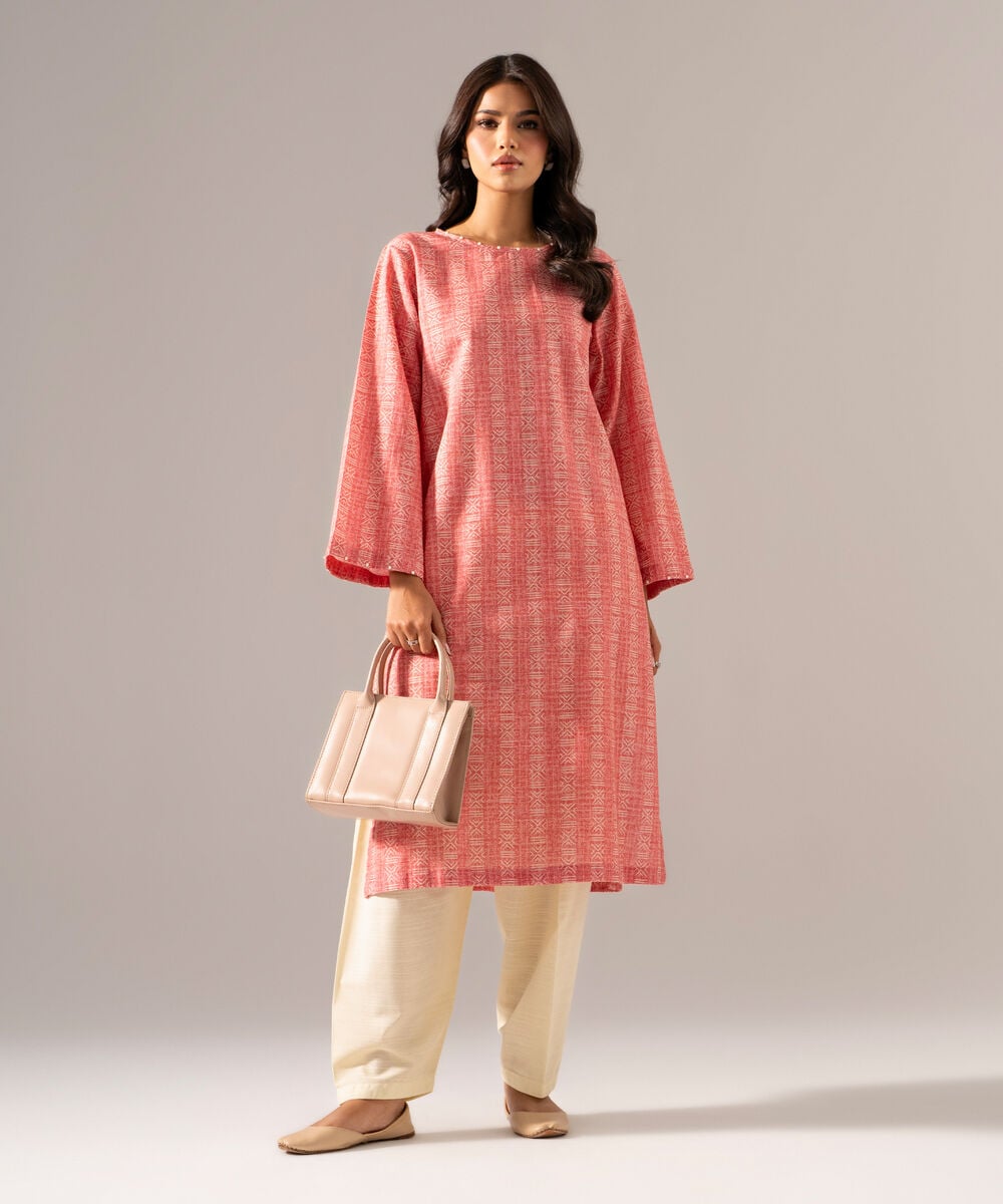Women's RTW Khaddar Printed Pink Straight Shirt